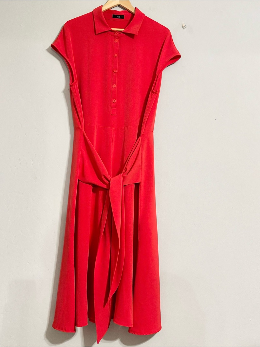 RUTI Red Collared Faux Wrap Waist Midi Button Down Dress